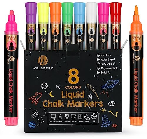welsberg Rotuladores de Tiza Líquida, Paquete de 8 Marcadores Lavables con Punta Reversible 5 mm, Tizas de Colores para Pizarra, Pizarrones, Vidrio, Pizarra Blanca, Jumbo Tinta Borrable