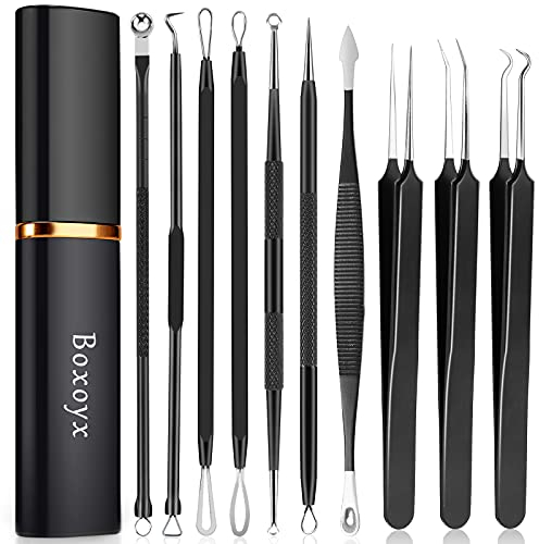 Boxoyx Pimple Popper Tool Kit - 10Pcs Blackhead Remover Comedone Extractor Tool Kit with Metal Case for Quick and Easy Removal of Pimples, Blackheads, Zit Removing, Forehead, Facial and Nose(Black)