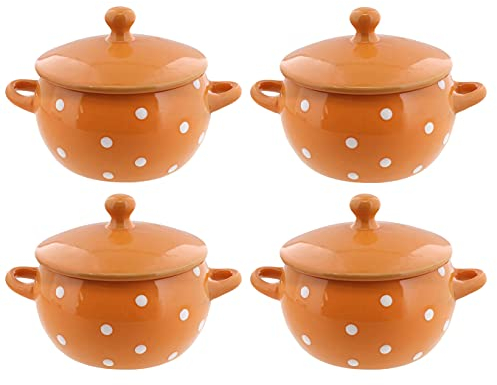 Suppenschalen mit Deckel und Griffen, Orange, gepunktet, 4 Stück