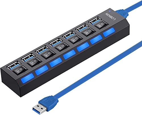 LOBKIN 7-i-1 USB-Hub med Multiportswitch, Multiports-USB-Adapter för PC, USB 3.0 med 62,5 cm Kabel