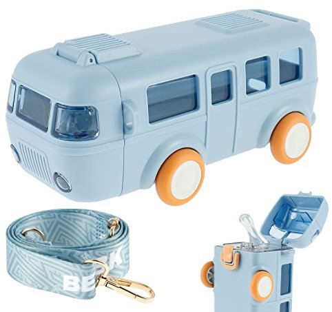 JTWEB Trinkflasche Kinder, Trinkflasche Cartoon Bus Form,Kleiner Auto-Strohhalm-Wasserbecher für Kinder, 500ml-Schulbus-Wasserflasche, tragbare Wasserflasche mit Strohhalm und Riemen (blau)