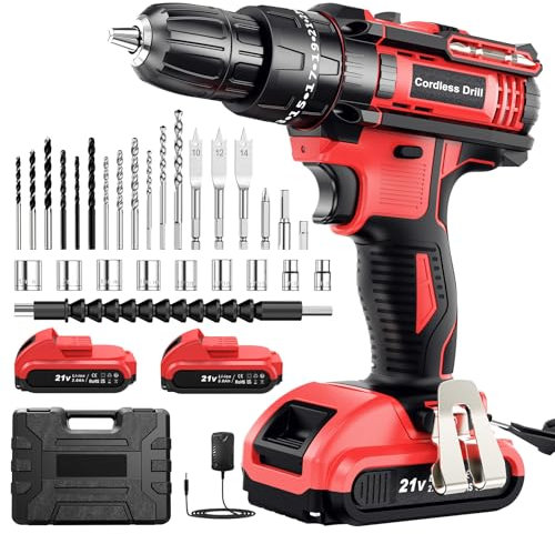 MHPRO Cordless Drill Set 21V, Cordless Hammer Drill with 2 Batteries 2000mAh, 25+3 Torque, 42N.m Max Electric Drill, 30PCS Drill Bits 2 Speed, LED Light for Home and Garden DIY Project