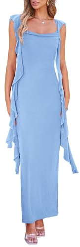 PRETTYGARDEN Women's 2025 Summer Wedding Guest Dress Sleeveless Ruffle Formal Cocktail Party Maxi Bodycon Dresses (Light Blue,Medium)