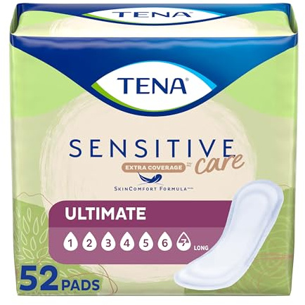 Tena Sensitive Care Incontinence Pads, Postpartum & Bladder Control Pads for Women, Ultimate Absorbency, Extra Coverage, Long, 52 Count