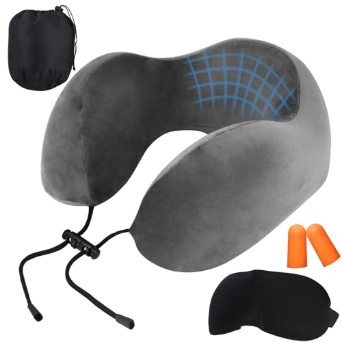 Zounin Nackenkissen Flugzeug, Reisekissen Auto aus Memory Foam mit samtweichem Bezug, superleichte tragbare Kopfstütze, Nackenhörnchen Erwachsene für Camping, Reisen, Flugzeug, Auto, Büro,Dunkelgrau