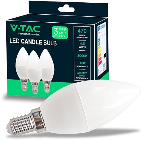 V-TAC 3x Lampadine LED Candela con Attacco E14-4,5W (Equivalenti a 40W) - Lampadine di Nuova Generazione - 470 Lumen - Massima Efficienza e Risparmio Energetico - 3000K Luce Bianca Calda
