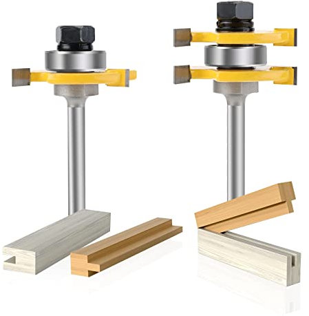Yueqing Zhongji Tongue and Groove Router Bit Set of 2 Pieces 1/4 Inch Shank-6.35MM Shank 3 Teeth Adjustable T Shape Wood Milling Cutter 1/2Inch-12.7MM Cutting Depth