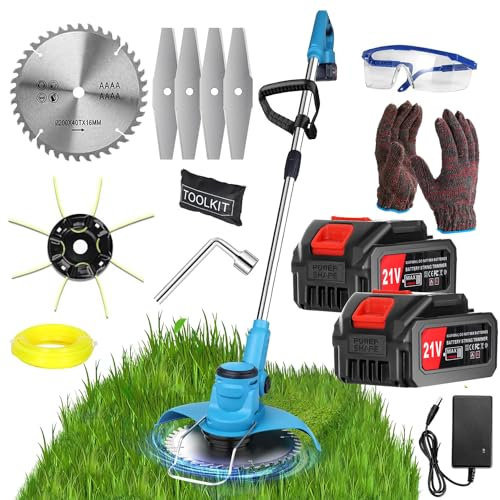 Desbrozadora eléctrica de 21 V, corte con borde inalámbrico con batería de 4,0 AH y 3 tipos de cuchillas desbrozadora con batería, diámetro de corte, 20 cm, ligero y bajo ruido para jardín