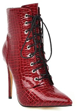 FQMAYPO Botines Cuero Brillante para Mujer Tacones Aguja Negros Cordones Botines Invierno Punta Afilada Tacones Altos Fácil Cremallera Lateral Zapatos Elegantes para Fiestas,Rojo,47 EU