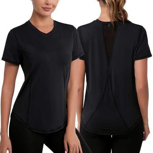 Gyabnw Sports Tops for Women Short Sleeve V Neck Casual Gym Running Top Back Mesh Fitness Athletic Clothing Black