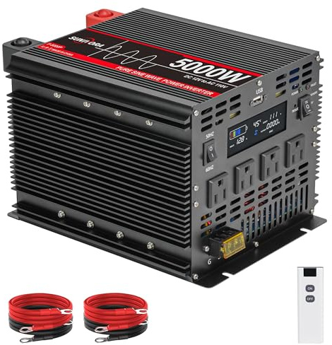5000 Watt Pure Sine Wave Power Inverter, 12V DC to 110V/120V AC Converter 10000W Peak, with Remote Control LCD, 4 AC Outlets & USB Port & Hardwire Terminal, for Car Truck RV Camping Solar System EPS