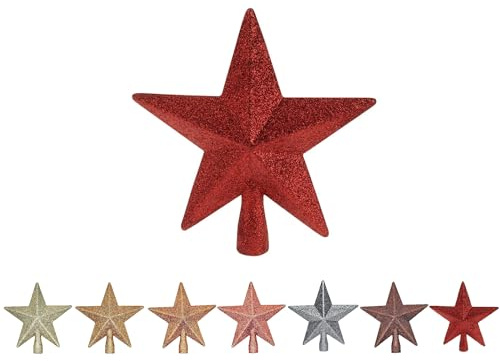 Punta per albero di Natale, colore rosso, a forma di stella, per albero di Natale, decorazione natalizia, decorazione natalizia, stella di Natale, in plastica, con brillantini, circa 18 cm