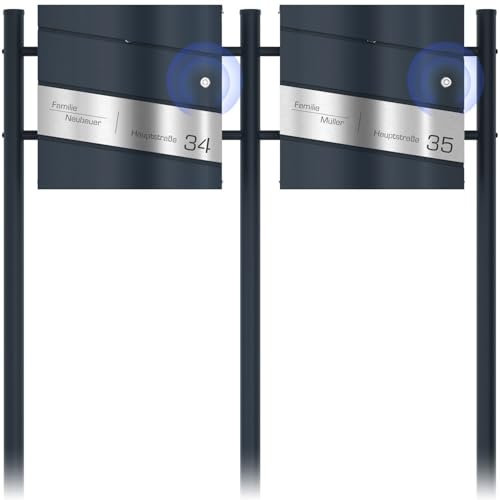 Graviers Design Cassetta postale doppia a campana senza fili con supporto in antracite RAL 7016 - Incisione laser diagonale personalizzata in acciaio inox - Cassetta postale con serratura Design 1