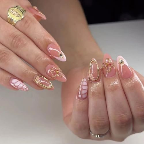 Mrltau 24 Pcs Faux Ongles Pression Printemps Court, Couleur Chair Rose, Faux Ongles avec Décoration Fleur 3D Perles, Pointe Française Pleine Couverture