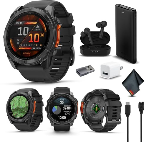 Garmin Fenix 8 51MM AMOLED Premium Multisport GPS Smartwatch Slate Gray with Black Silicone Band, Built-in LED Flashlight, Fitness & Health Smart Watch Bundle for Men & Women