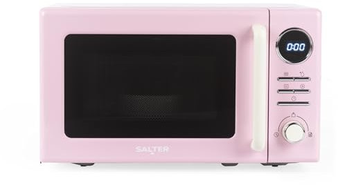Salter Retro Digital Pink Microwave – 20 Litre, Defrost by Time/Weight, 25.5 cm Glass Turntable, 95 Minute Timer, 8 Auto Cooking Presets, Solo Microwave Oven, Easy Clean, Button/Dial Control, 800W