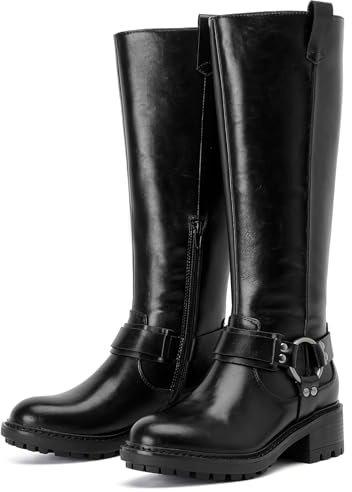 Ruiee Knee High Boots for Women Wide Calf Comfort Casual Flat Riding Combat Long Boots Low Heeled Winter Fall Fashion Dressy Tall Knee-High Boots. 240972 Black PU Size8.5