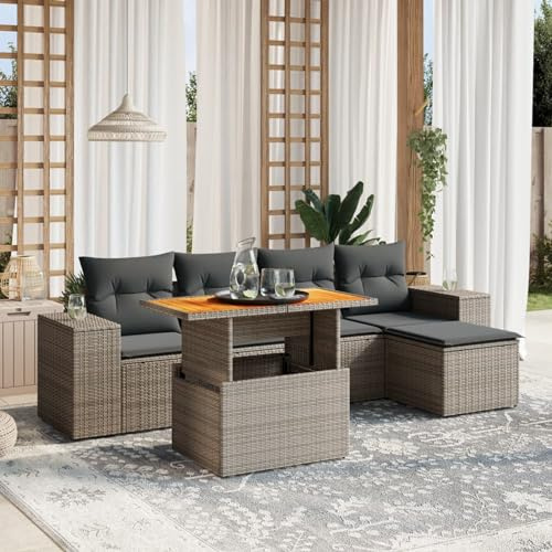 IKAYAA Muebles Jardín con Mesa Tablero Ajustable, Ratán y Acero, Sofa Jardin con Mesa, Conjunto Jardín, Juego de Sofás Ratán, Sofa para Terraza, Gris 6 pzas Type-73