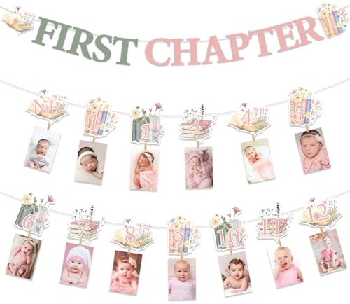 Wonmelody Book First Birthday Decor Girl First Chapter Banner Garlands Book Birthday Photo Banner Storybook 1st Monthly Photograph Banners for Pink Green Floral Reading Club Library Party