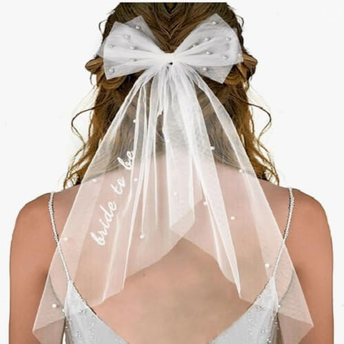 Bride to be Veil Hair Bow for Bachelorette Party Bridal Shower Tulle Pearl Clip-on Bow Veil Engagement Accessory Bride Gift