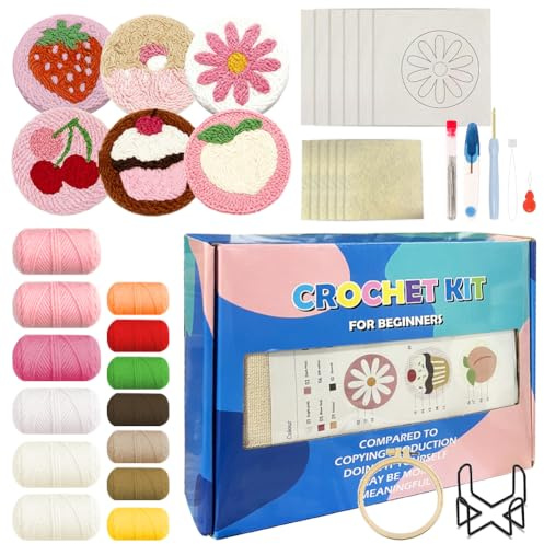 Set di sottobicchieri Punch Needle 6 pezzi, kit di ricamo fai-da-te per principianti, set di sottobicchieri con motivi, filo colorato, tela per ricamo, istruzioni e supporto, kit per ricamo per