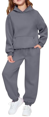 Kids Tracksuit Full Set 2 Piece Sport Outfit Boys Girls Long Sleeve Hoodie Sweatshirts and Loose Sweatpants Bottom Jogging Pants Activewear Track Suit (Dark Gray, 13-14 Years)