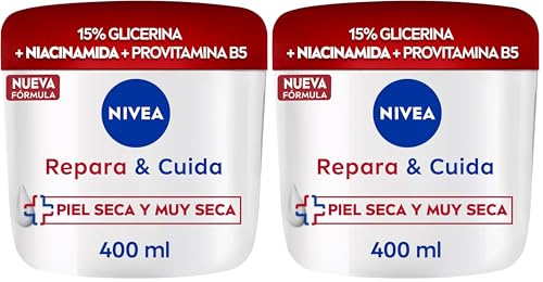 NIVEA Repara & Cuida Crema hidratante corporal, facial y para manos (1 x 400 ml), crema hidratante 72 h con glicerina y vitamina E pura, para piel seca y muy seca (Paquete de 2)