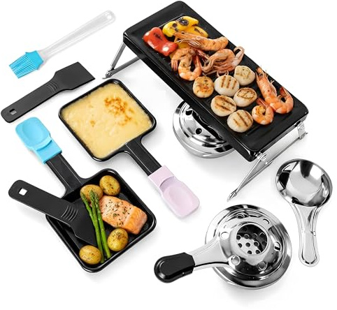 Kosmosta Mini Raclette Grill Portátil para 2 Personas, Fundidor Antiadherente con Placa Grill, 2 Quemadores de Combustible, 2 Espátulas, Soporte Metálico Plegable para Camping y BBQ
