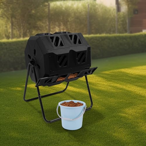 Bidone per compostiera a doppia camera, 160 l, compostiera da cucina, compostiera a tamburo, per rifiuti di cucina e piante, 70 x 60 x 93 cm