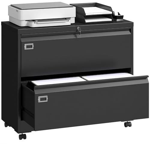 HOMCOM Rollcontainer mit 2 Schubladen mobiler Aktenschrank mit Rollen abschließbar Büroschrank mit verstellbarem Hängeregistratur, Schubladenschrank für Büro, Homeoffice, 90 x 40 x 77,4 cm, Schwarz