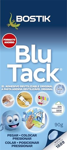 BOSTIK Blu Tack Original Azul, Formato Escolar, Masilla Adhesiva, Moldeable y Reutilizable, Fijación de Objetos, Limpia, Segura y Fácil de Usar, Sustituye Chinchetas y Cintas Adhesivas, Sobre 90 g
