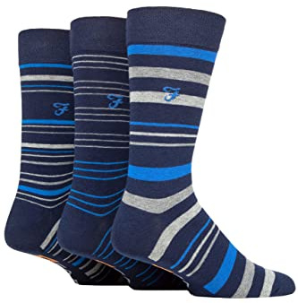 Farah Mens Argyle, Patterned and Striped Cotton Socks Pack of 3 Navy/Blue Stripe 6-11