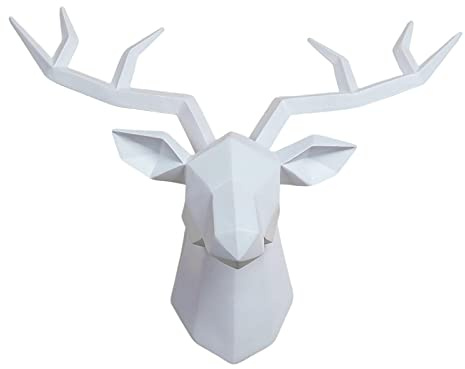 Escultura de Cabeza de Ciervo de Resina 3D Estatua de Animal Figuras Colección de simulación montada en la Pared Artesanía Colgante Estatuilla de, Blanco