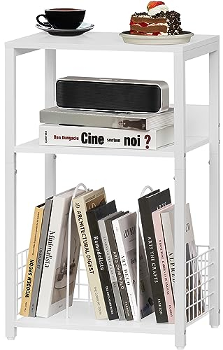 LELELINKY Weißer Beistelltisch, kleiner Beistelltisch mit Ablagefach, 3-stöckig, industrieller Nachttisch, Vinyl-Schallplattenspieler-Ständer, moderner Sofa-Nachttisch für Wohnzimmer, Schlafzimmer,