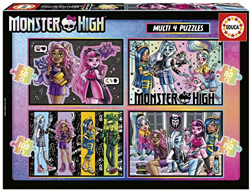 Educa - Set di 4 puzzle progressivi per bambini da 50 a 150 pezzi con le immagini più divertenti di Monster High, dimensioni: 34 x 24 cm, consigliato per età superiore ai 5 6 7 8 anni (19706)