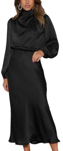 LIAOPUFUS Falda Larga de Satén Plisada Vestido Largo de Manga Larga Nuevo Otoño Elegante de Alta Costura Cintura Cerrada Falda de Cóctel de Mujer de Temperamento Relajado