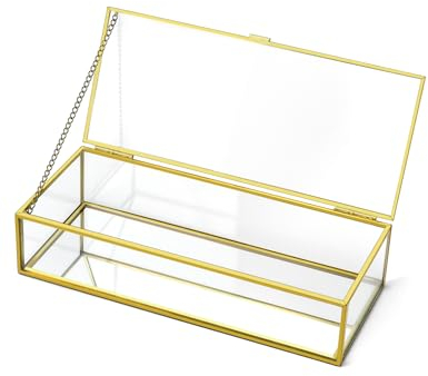 QWORK® Golden Vintage Glass Lidded Rectangle Box, 23.3 * 10 * 5.3cm, For Jewelry Organizer