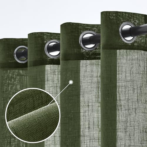 Woaboy Leinen Gardinen Grün Vorhänge Wohnzimmer Halbtransparent mit Ösen Stores Gardine Leinenoptik Schlafzimmer Modern Ösenvorhang Schlaufengardinen 2er Set 140x225cm (BxH) Matcha Grün