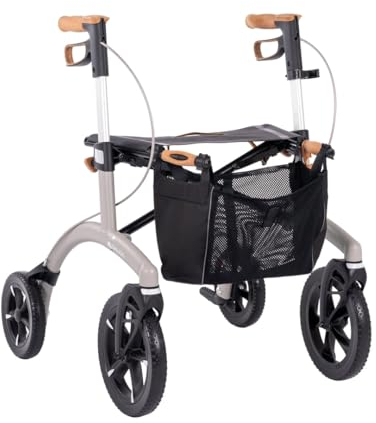 Saljol Allround Rollator in Vollausstattung, 6,4 kg Leichtgewicht mit Sitz, Rückengurt, Tasche, Stockhalter, Klingel, LED-Licht | Outdoor Gehhilfe für Stadt und Land, Sitzhöhe 54 cm, Grau