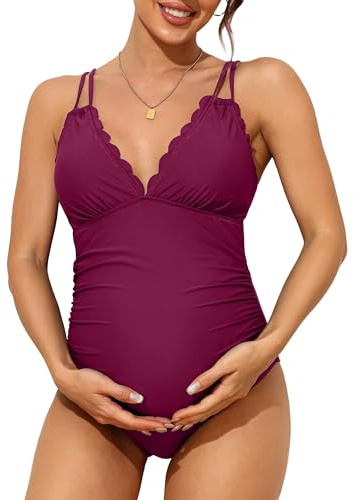 Charmo Womens Maternity Swimsuits One Piece Pregnancy Swimwear | Removable Pads, Scallop edge, Adjustable Straps, Ruched Design, Breathable