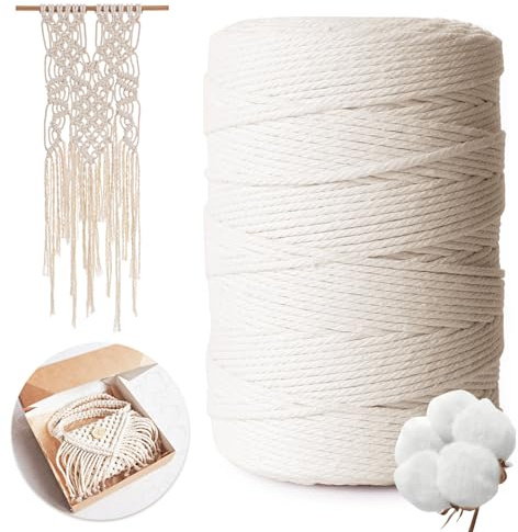 AiQInu Macramè Filo 3mm x 300m, 100% Filato di Cotone Naturale per Bricolage, Arazzi, Lavori a Maglia, Decorazioni Beige