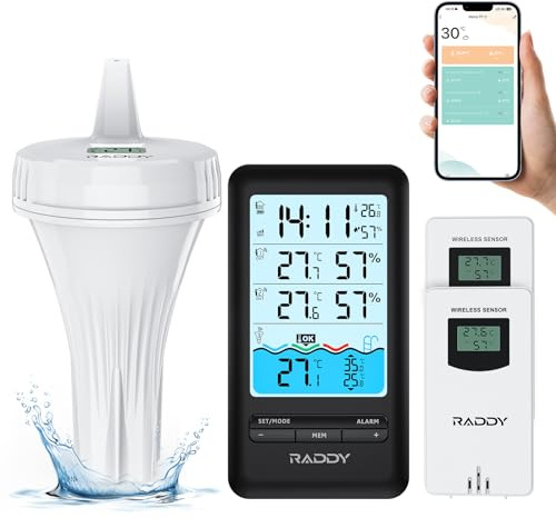 Raddy PT-3 Wi-Fi Termometro per piscina galleggiante, monitoraggio remoto tramite APP, Ampio display digitale di facile lettura, con 2 sensori aggiuntivi, per piscine interne ed esterne