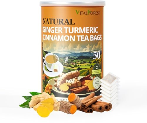 50 Premium Turmeric Ginger Cinnamon Tea Bags| Vitalforest Natural Ginger Tea| Pure Turmeric Tea Bags| Herbal Cinnamon Tea| Caffeine Free