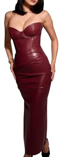 Genérico Rojo,M, Mujer Sexy Cuero De PU Ocio Top De Tubo Sin Mangas Dividir Ajuste Ceñido Vestido DS Escenario Espectáculo Ropa