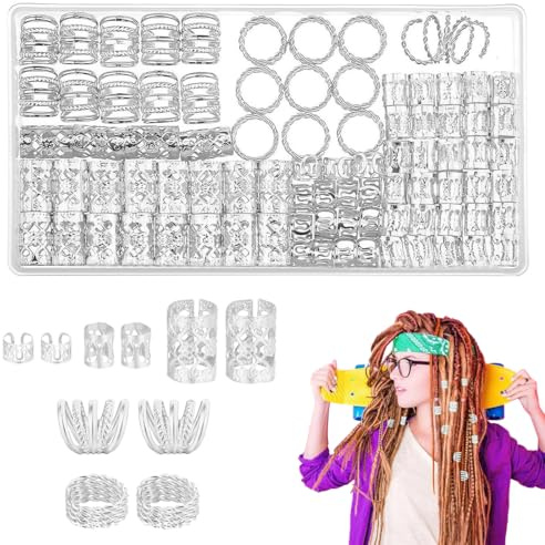 NJCXOLA 110 piezas rastas Viking joyería del pelo, trenzas de metal, horquillas ajustables accesorios para el cabello, accesorios para el cabello de decoración(Plata)