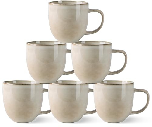 GBhome 350ml Stoneware Coffee Cups, Coffee Mugs Set of 6 with Large Handle for Latte, Cappuccino, Milk, Cocoa, Dishwasher Safe, Cappuccino