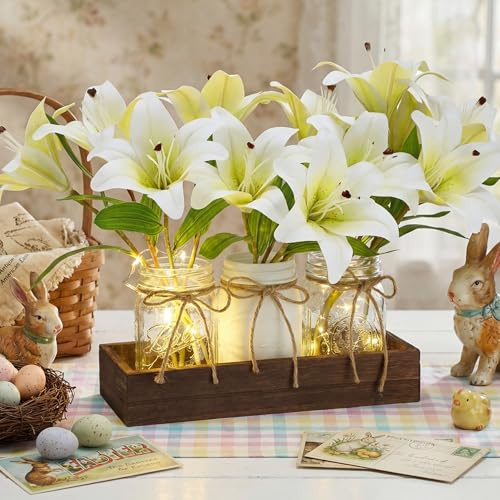 Lyrow Easter Lily Centerpiece Mason Jar Spring Table Decor Lily Artificial Flower with Light 3 Pack Wood Tray Rustic Farmhouse Church Decorations for Christian Jesus Religious Holy Week