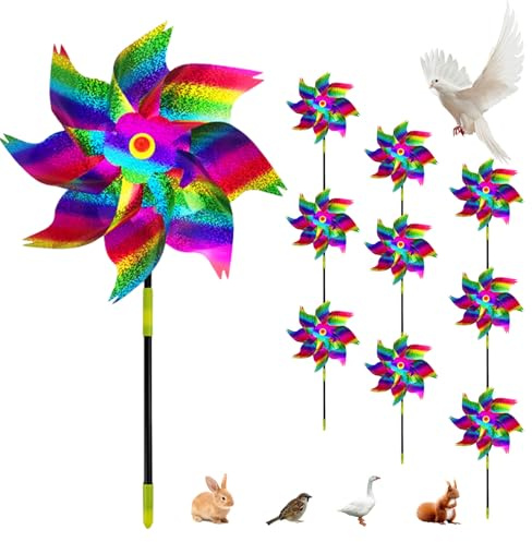 Windrad Vogelabwehr - 10 Stück Reflektierende Windrad Taubenabwehr Windräder Windmühle Balkon Taubenschreck Vogelschreck Windrad Windspiel Garten für Farm Obstgarten Hof (Regenbogenfarben)