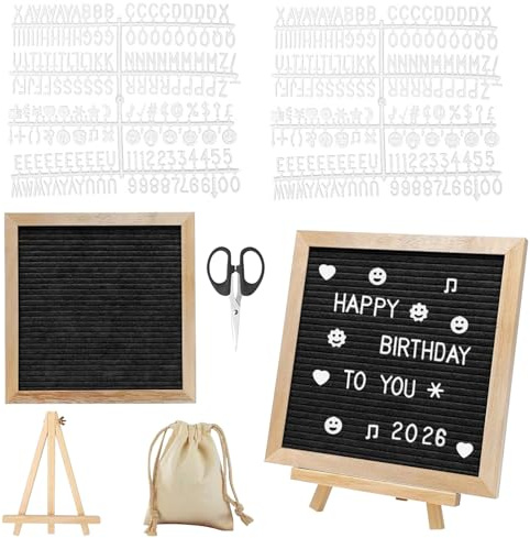 Tavola per lettere 25 x 25 cm, in rovere e feltro, con 340 lettere, set con cavalletto, sacchetto e forbici, per decorazioni e messaggi (nero, 25 x 25 cm)