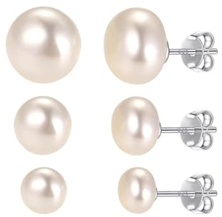 Silvora Set Pendientes Mujer Plata de Primera Ley 3 Pares Perlas Agua Dulce 6/8/10MM Regalo Cumpleaños Joyería Delicada
